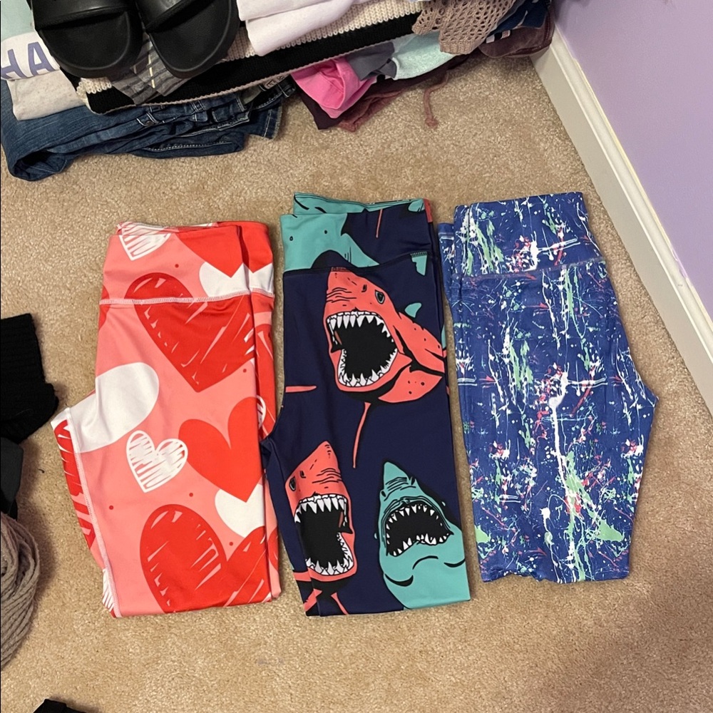 Women’s Patterned Leggings Trio - Hearts, Sharks & Paint Splatter